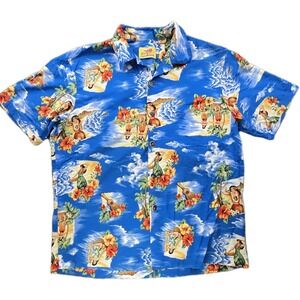 Vintage Paradise on a Hanger Hawaiian Shirt XL Blue Cotton Made‎ USA Camp Shirt